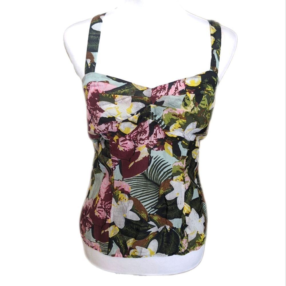 CAbi style #340 tropical tank, cotton/silk, criss cross straps, lined, size 10